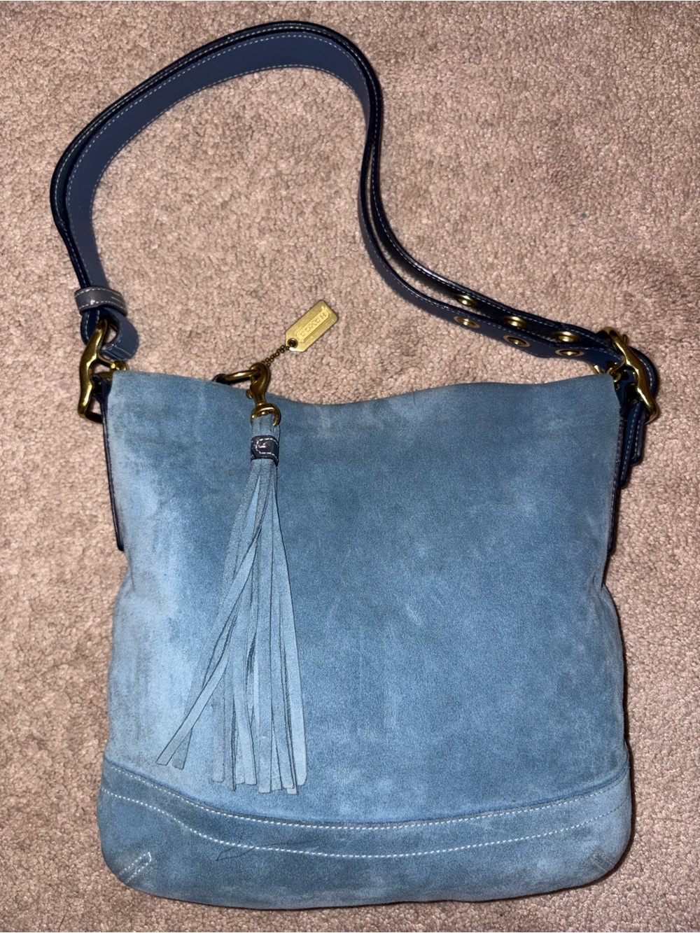 Blue Coach Suede Shoulder Bag with Tassel